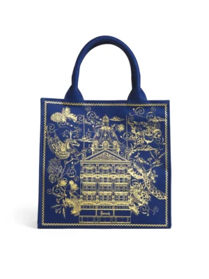 Harrods 金刺繡建築手提包正面照 - 經典英倫建築金色刺繡與純棉材質女包