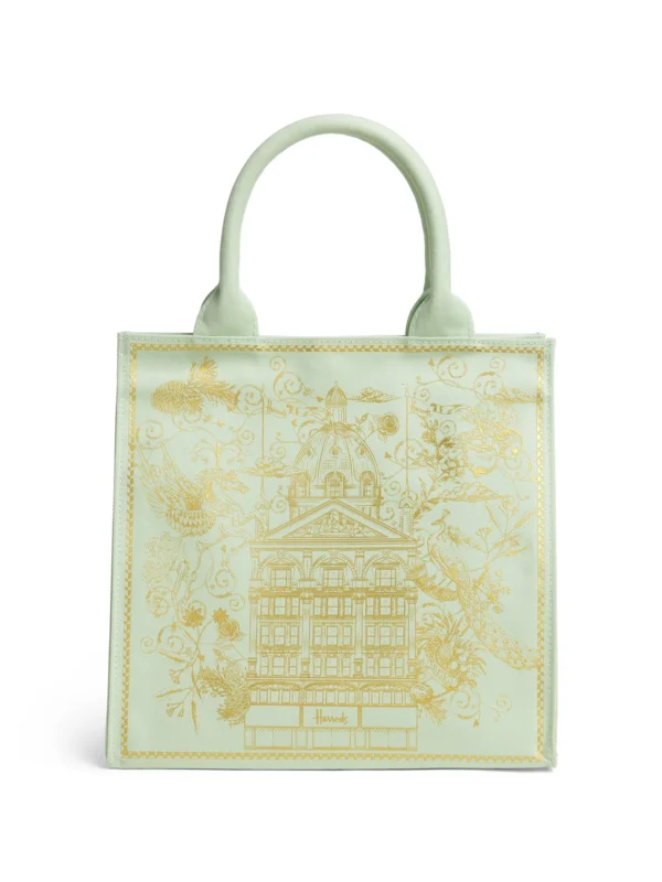 Harrods 金刺繡建築手提包正面照 - 經典英倫建築金色刺繡與純棉材質女包