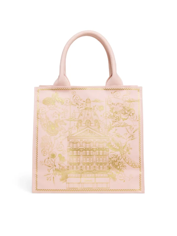 Harrods 金刺繡建築手提包正面照 - 經典英倫建築金色刺繡與純棉材質女包