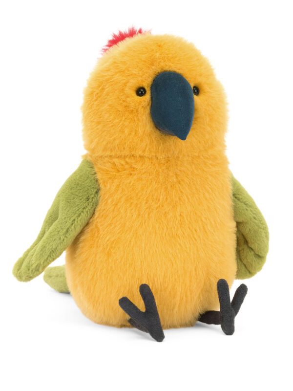 JELLYCAT Budgeby Parrot 側面角度,呈現鸚鵡翅膀線條與黃色羽毛層次細節