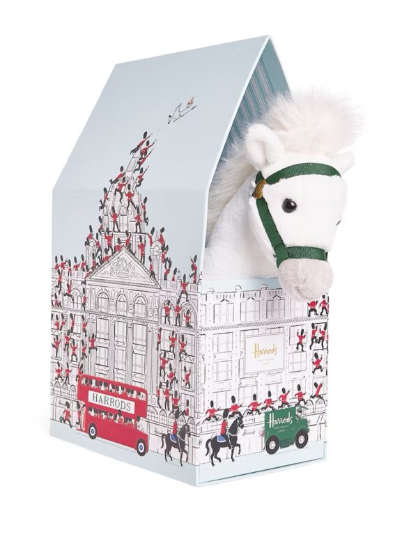 Harrods 盒裝小馬絨毛娃娃正面照,附哈洛德百貨專屬精美禮盒包裝