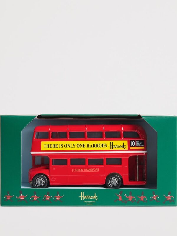 Harrods 雙層巴士擺飾側面細節,展示精緻車身比例與紅色漆面