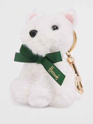 Harrods 西高地白梗包包掛件 金色搭扣五金與環保材質細節展示