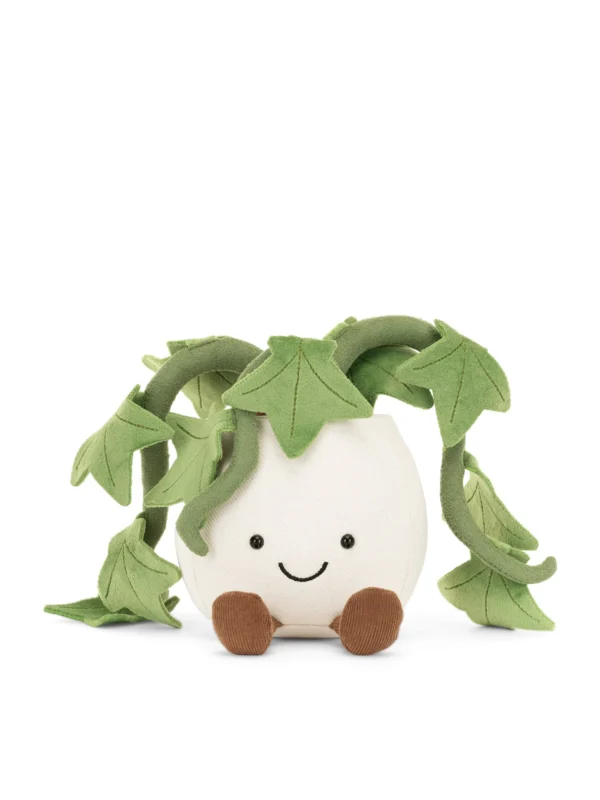 正面視角的 Jellycat 趣味常春藤絨毛娃娃 18cm，帶有招牌微笑與燈芯絨短腿的盆栽造型玩偶