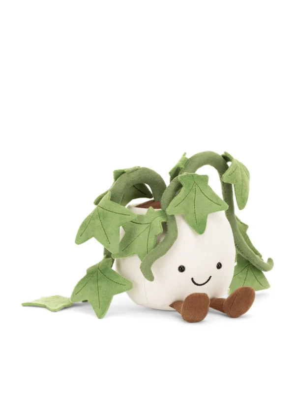側視角的 Jellycat 趣味常春藤絨毛玩偶，展示柔軟的綠色葉片與灰色花盆設計