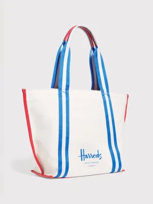 Harrods 英國國旗織帶重磅帆布皮革滾邊肩背包