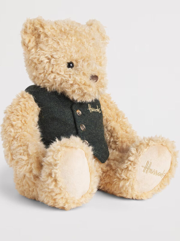 Harrods Leo 泰迪熊側面特寫,展示金釦細節與柔軟絨毛質感