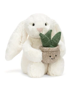 Jellycat 奶油兔子植栽細節，展示柔軟絨毛、立體針織多肉綠葉與毛氈花盆材質