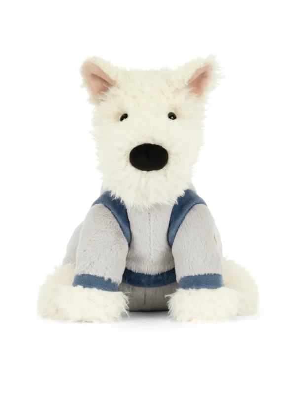 Jellycat Munro Scottie 蘇格蘭梗犬太空人造型絨毛娃娃正面照，穿著精緻銀色太空衣