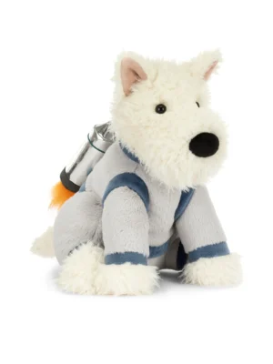 Jellycat 蘇格蘭梗犬太空服娃娃側面細節，展示背部帶有橘色絨毛火焰的噴射背包設計