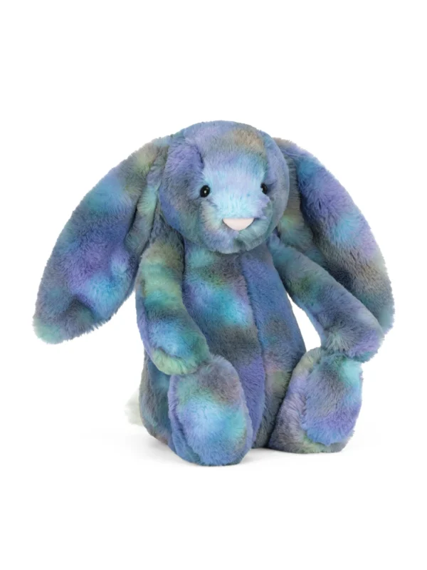 Jellycat Zodihop 藍彩兔子絨毛娃娃側面特寫，突顯其精緻柔順的星際色調絨毛質感與可愛坐姿。