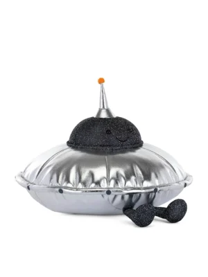 英國 Jellycat 幽浮飛碟造型絨毛玩偶側面，展示立體銀色天線與柔軟材質