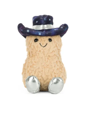 Jellycat Amuseables 星空牛仔花生絨毛娃娃正面微笑特寫與星空帽