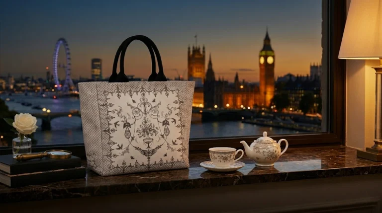 豪華英倫風帆布手提包,黑色皮革把手,飾有複雜的花卉和紋章圖案,擺放在俯瞰倫敦黃昏天際線(大笨鐘和倫敦眼)的大理石窗台上。旁邊搭配精緻的瓷器茶具和一朵白玫瑰。