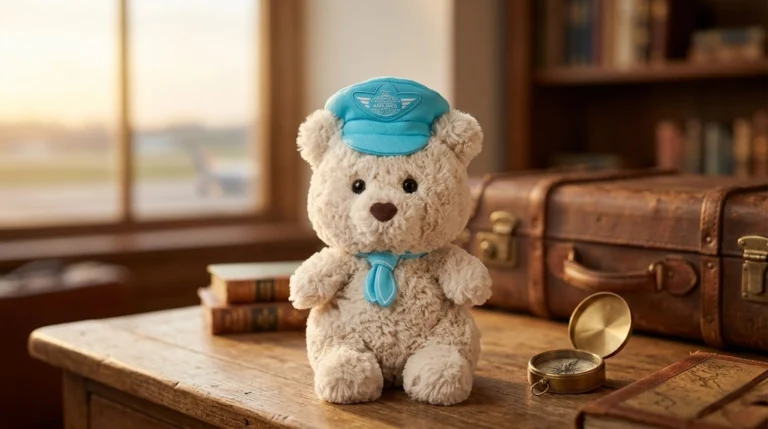 米色毛絨泰迪熊,穿戴著藍色機長帽和領帶,坐在一張復古木桌上。熊的周圍擺放著皮革旅行箱、指南針、書和地圖。背景是溫暖的窗戶,窗外可以看到模糊的機場場景。