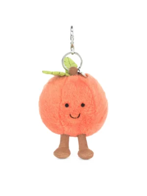 Jellycat Amuseables 桃子鑰匙圈吊飾正面照 - 擁有圓潤蜜桃外型與俏皮小靴子的趣味包包配件