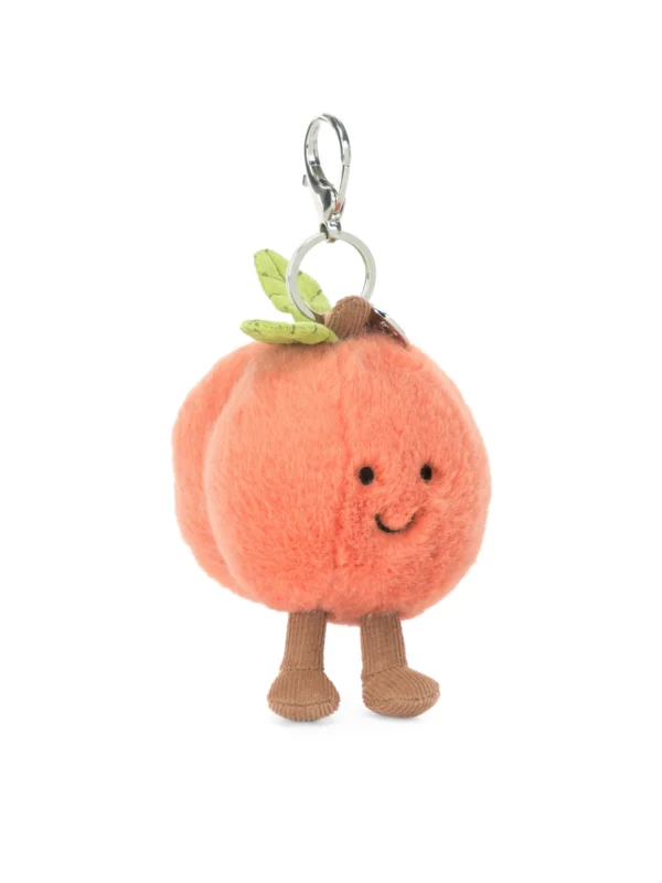 英國正品 Jellycat 桃子包包吊飾側面特寫 - 搭配高質感便利金屬夾扣與絨面革葉片