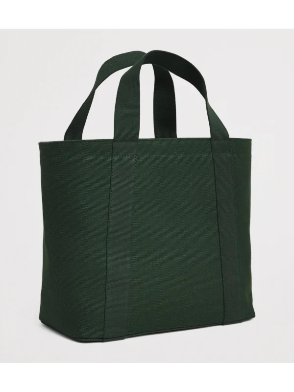 Harrods 騎馬布章帆布托特包側面設計，雙提把細節與立體包型展示