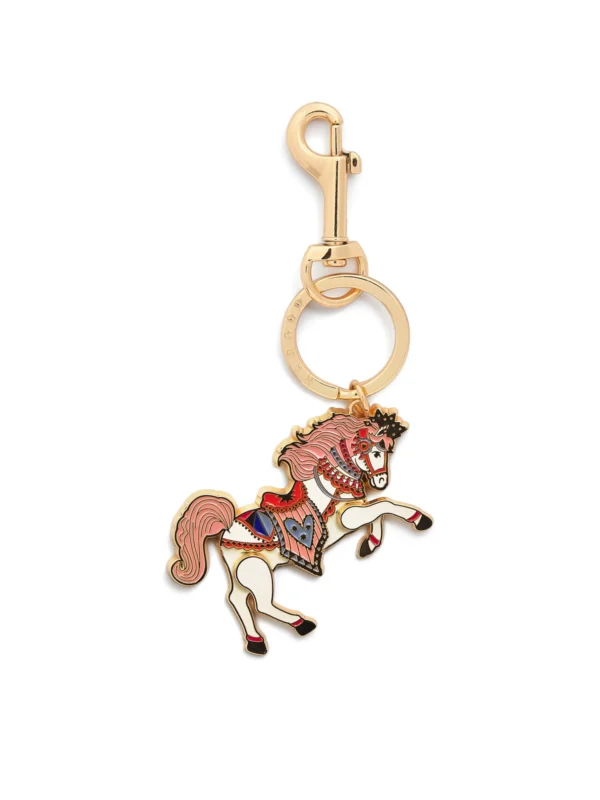 HARRODS Carousel Pony Keyring_1 英國 Harrods 旋轉木馬小馬鑰匙扣正面特寫,高質感金色金屬與精緻彩繪包包吊飾