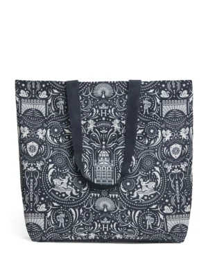 英國正品 Harrods 布朗普頓騎士團環保購物袋藍色展開正面，大容量雙提把設計