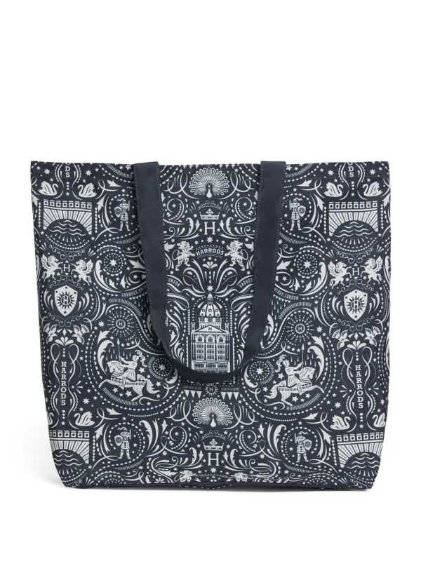英國正品 Harrods 布朗普頓騎士團環保購物袋藍色展開正面，大容量雙提把設計