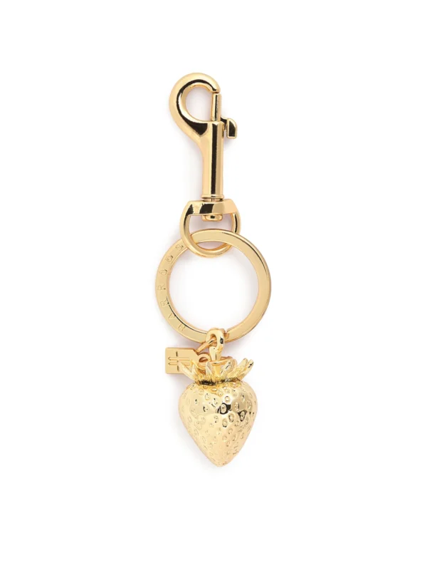 HARRODS Strawberry Keyring_1 英國 Harrods 金色草莓金屬鑰匙扣正面特寫,高質感紅草莓包包吊飾
