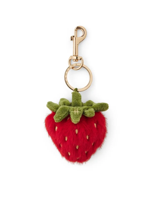 HARRODS Strawberry Plush Keyring_1 英國 Harrods 草莓毛絨鑰匙扣正面特寫,立體紅草莓造型搭配質感金色五金夾扣