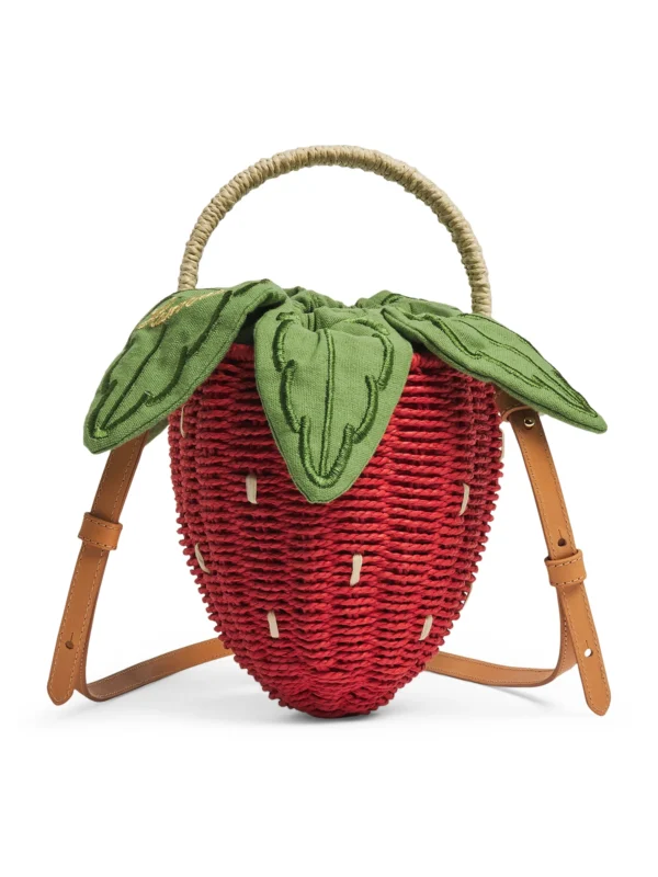 Harrods 柳條草莓袋正面外觀 - 紅色立體編織造型手提包與皮革肩帶