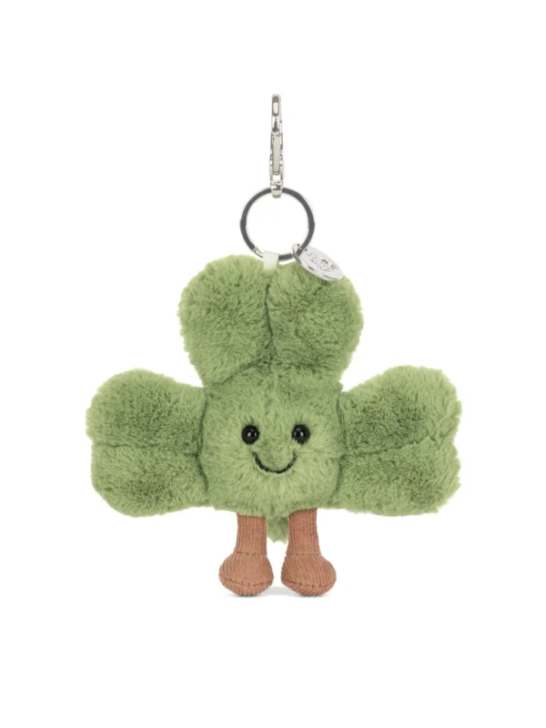 Jellycat Amuseables Siofra 三葉草鑰匙圈吊飾正面照 - 擁有療癒笑容與燈芯絨靴子的幸運包包配件