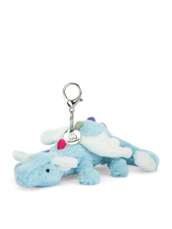 英國正品 Jellycat 飛龍包包吊飾側面特寫 - 搭配高質感便利金屬夾扣與柔軟觸感