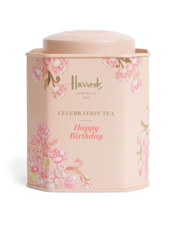 英國 Harrods 生日快樂南非國寶茶禮盒-粉色花卉精美紀念鐵罐正面外觀