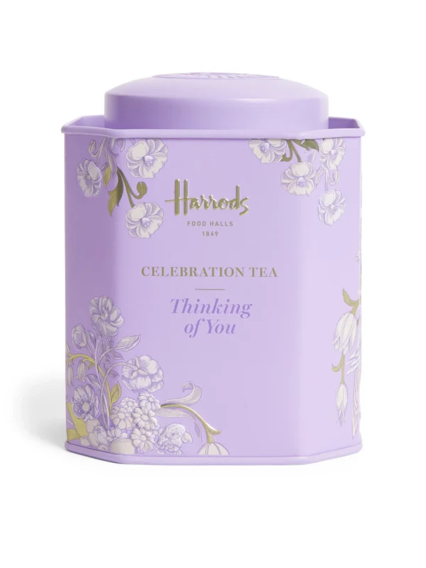 英國 Harrods 想念你慶典茶 (Thinking of You) - 淡紫色精美花卉紀念鐵罐正面外觀