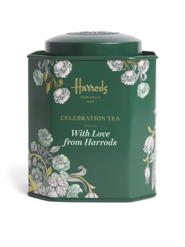 英國 Harrods 來自哈羅德的愛意慶典茶 - 經典墨綠色花卉紀念鐵罐正面展示