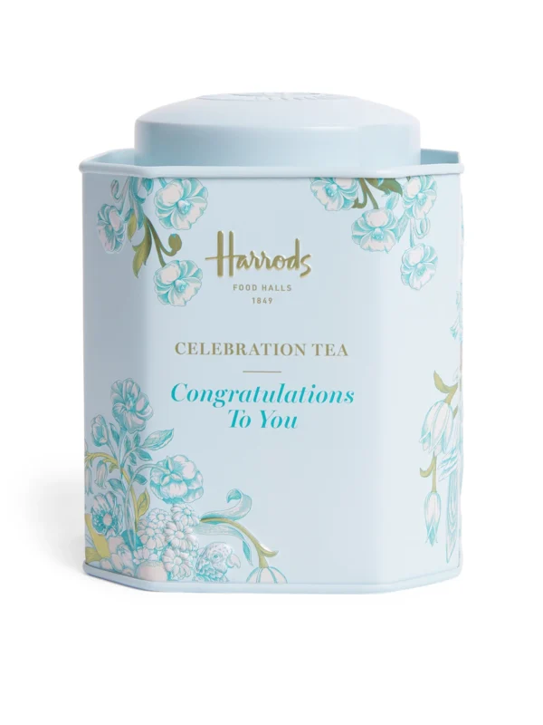 英國 Harrods 哈洛德恭喜你祝福禮盒，淺藍色英倫經典八角形鐵罐