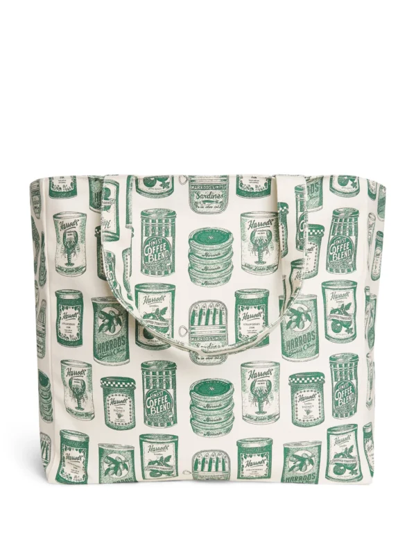 HARRODS Cotton Canvas Packaging Tote Bag_1 英國 Harrods 經典綠色美食包裝印花純棉帆布手提袋 正面展示