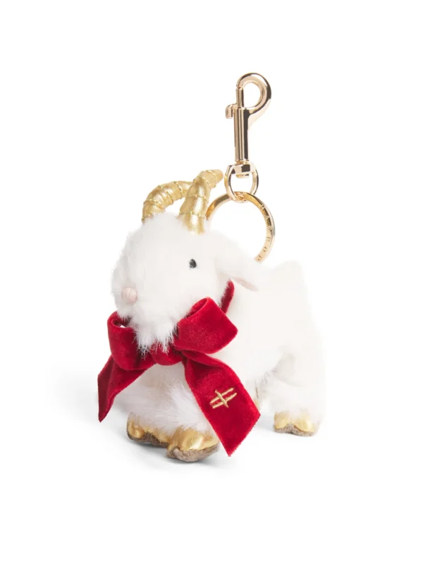 HARRODS Goat Plush Keyring_1 英國 Harrods 白色山羊娃娃包包吊飾正面,配戴紅色天鵝絨 H 標誌蝴蝶結