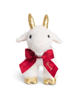 HARRODS Goat Plush_1 英國 Harrods 哈洛德紅色絨毛緞帶山羊娃娃正視圖,展現極致柔軟的白色絨毛觸感與頸部的經典紅色緞帶