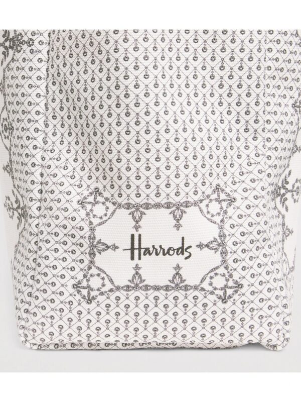 HARRODS-Lace-Print-Tote-Bag_4-mc Harrods 蕾絲印花托特包細節特寫,珠寶圖案與動物花卉紋樣印花質感呈現