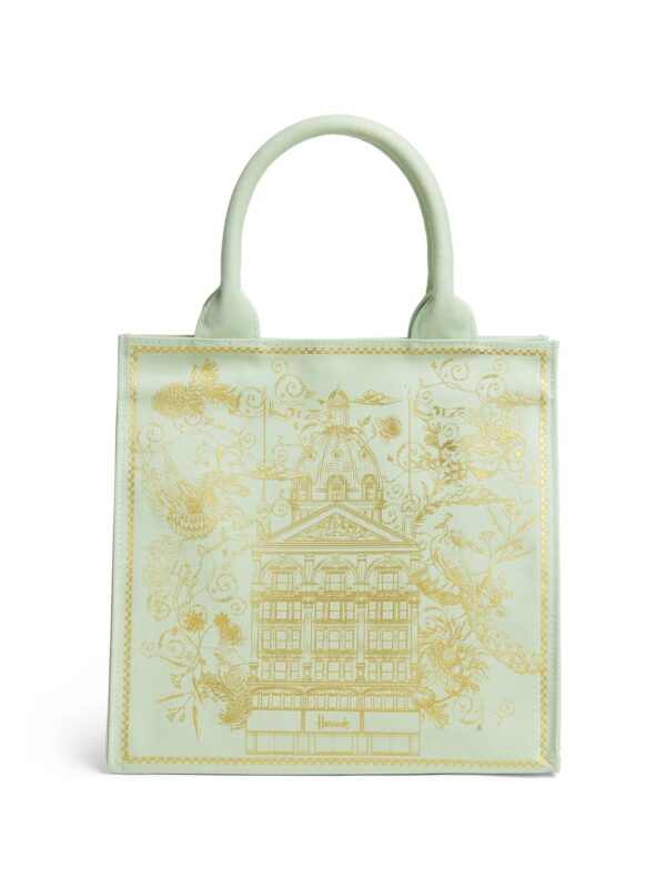 HARRODS-Small-Gold-Building-Shopper-Bag_1-2-mc Harrods 金刺繡建築手提包正面照 - 經典英倫建築金色刺繡與純棉材質女包