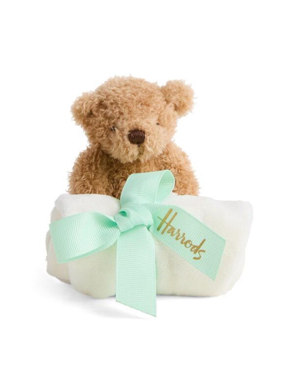HDAA2610001-51-uni 英國 Harrods My First Henry Bear 亨利熊安撫巾正面全覽,淺綠色純棉材質,附熊頭娃娃設計