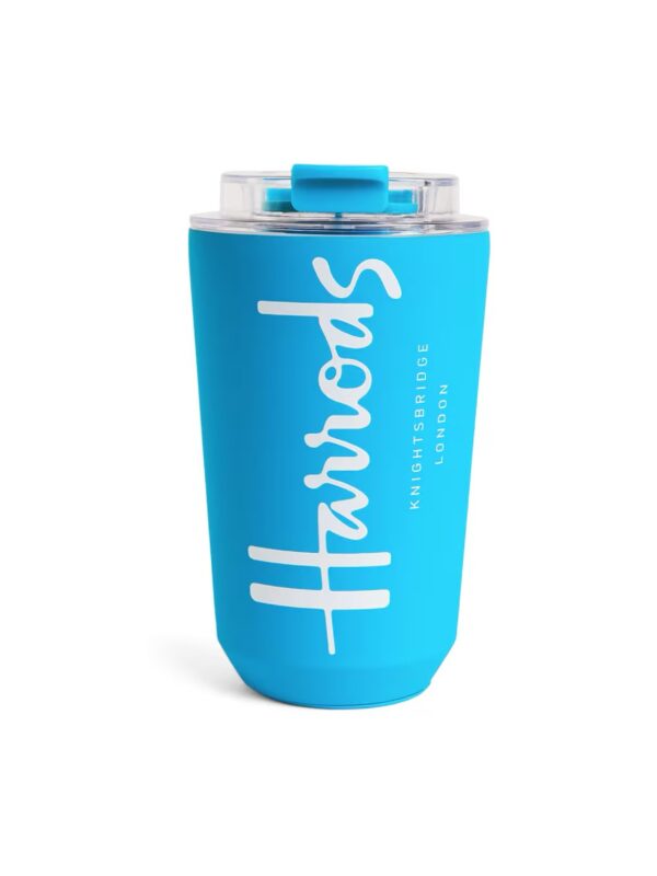 HDAB2540001-64-uni 英國 Harrods 粉紫色金屬旅行杯正面,杯身印有 Harrods Logo,容量 450ml,高16公分修長杯型