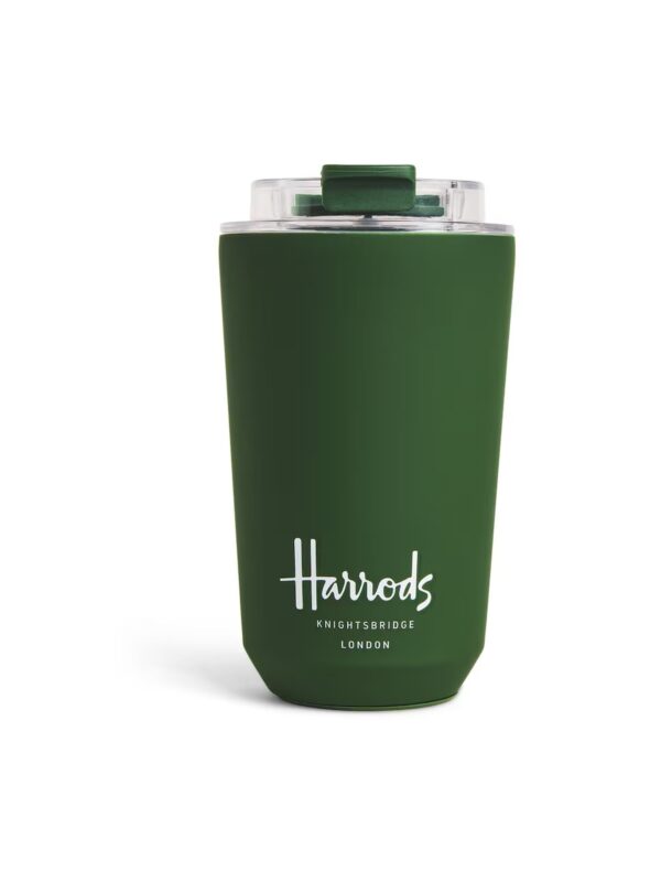 HDAB2540002-55-uni 英國 Harrods 經典綠 Logo 金屬旅行杯正面,容量 450ml,展示品牌標誌與金屬質感外殼