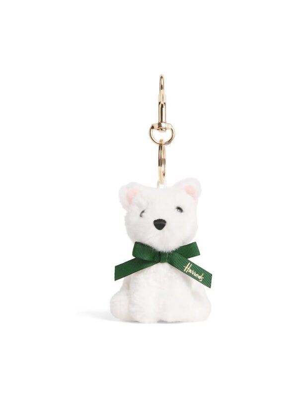 HDAK2610011-00-uni 英國 Harrods 白色西高地白梗犬絨毛包包吊飾正面,搭配金色搭扣五金配件