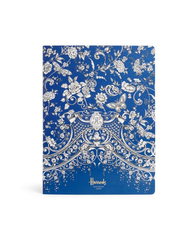 HDAS2630004-65_1-uni 英國 Harrods 鍍金蝴蝶筆記本封面正面,藍色底色搭配翩翩蝴蝶與花卉圖案