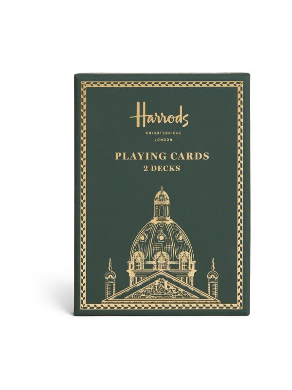 HDAT2530001-55_1-uni 英國 Harrods 限定撲克牌禮盒組正面,墨綠色外盒印有哈洛德百貨建築圖案