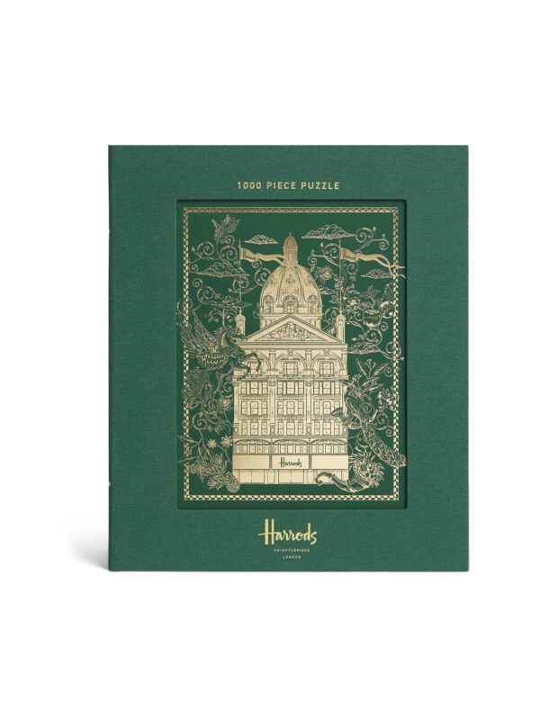 HDAT2530002-55_1-uni 英國 Harrods 1000 片拼圖正面包裝,印有倫敦騎士橋赤陶色百貨大樓建築全景插圖