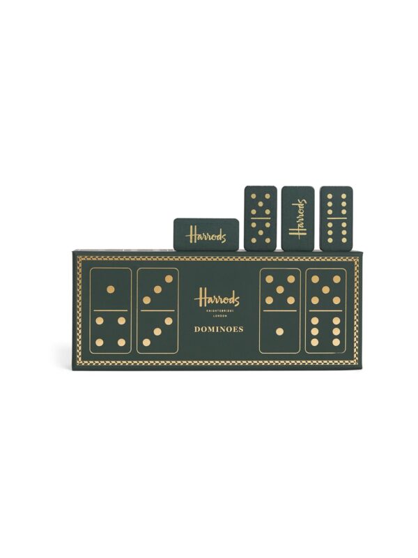 HDAT2530005-55_1-uni 英國 Harrods 綠色木製骨牌套裝正面,展示精緻盒裝外觀與品牌標誌