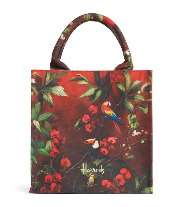 HDBA2622011-18_1-mc 英國 Harrods 紅色熱帶鳥類印花手提包正面,展示通體印花與雙手提帶設計