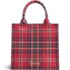 HDBA2622014-14_1-mc 英國 Harrods 紅色格紋棉質手提包正面,展示全包身 Tartan 印花與金色磁扣