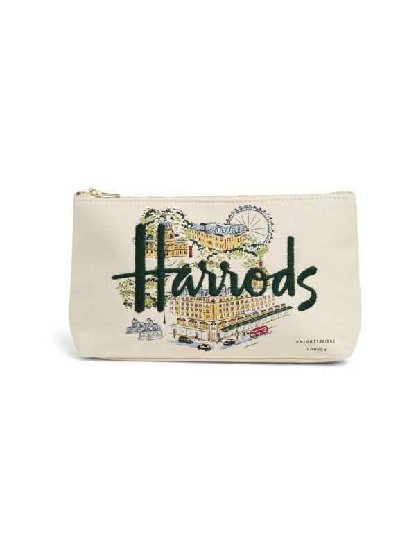 HDBE2630008-00_1-uni 英國 Harrods 城市故事米白帆布化妝包正面,印有大本鐘與倫敦地標刺繡圖案